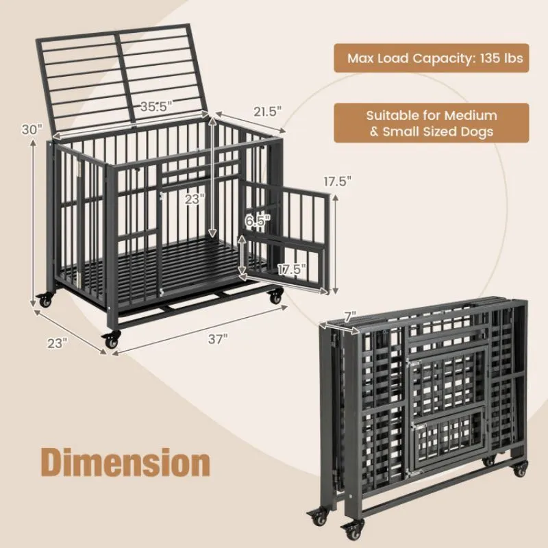Foldable Heavy-Duty Metal Dog Cage with Lockable Wheels