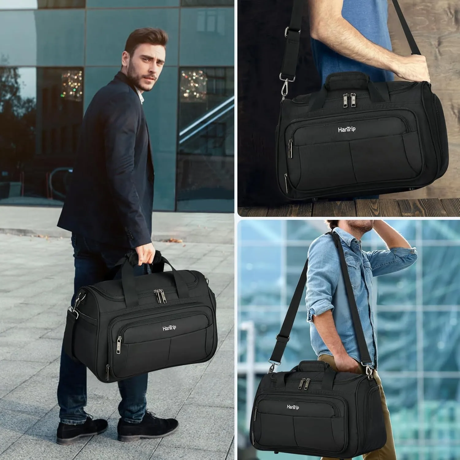 Foldable Underseat Carry On Luggage Bags for Travel Lightweight Overnight Weekender Bag for Women Men Travel Tote Bag (Black)