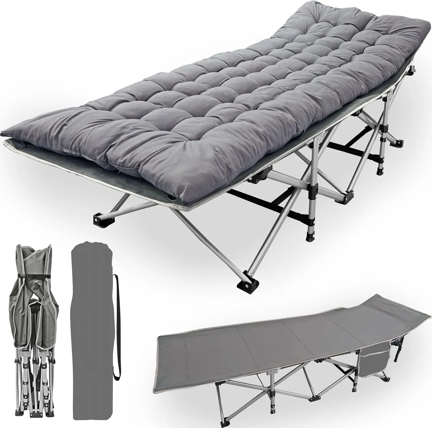 Folding Adult Camping Bed, Heavy Duty Outdoor Bed with Carry Bag and Side Pockets, 800 D Double Waterproof Oxford Cloth Travel Camping Bed, Extra Wide Portable，Gray