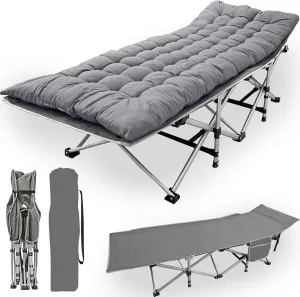 Folding Adult Camping Bed, Heavy Duty Outdoor Bed with Carry Bag and Side Pockets, 800 D Double Waterproof Oxford Cloth Travel Camping Bed, Extra Wide Portable，Gray