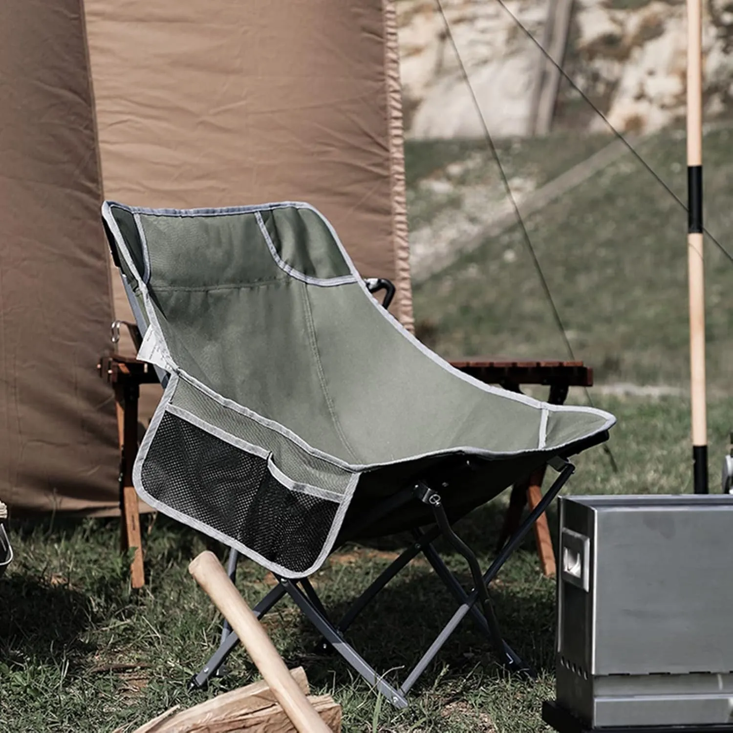 Folding air Ultralight Outdoor, Lazy Moon air, Portable Fishing air with Backrest Stool, Camping Recliner (Color : Army Green)