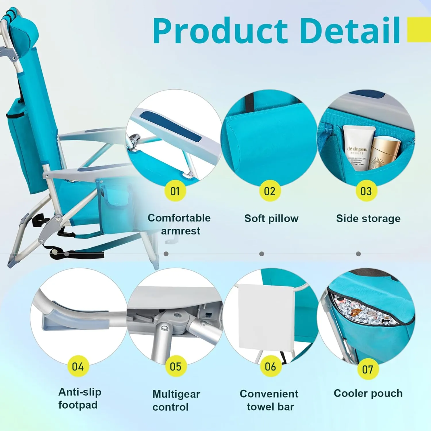 Folding Beach Chair for Adults,5 Positions Reclining,Low Camping Chair Aluminum Portable Lawn Chair w/Headrest & Cooler Pockets,Lounge Chair for Camp,Fishing,Picnics,Sports,220lbs Support,Mint Green