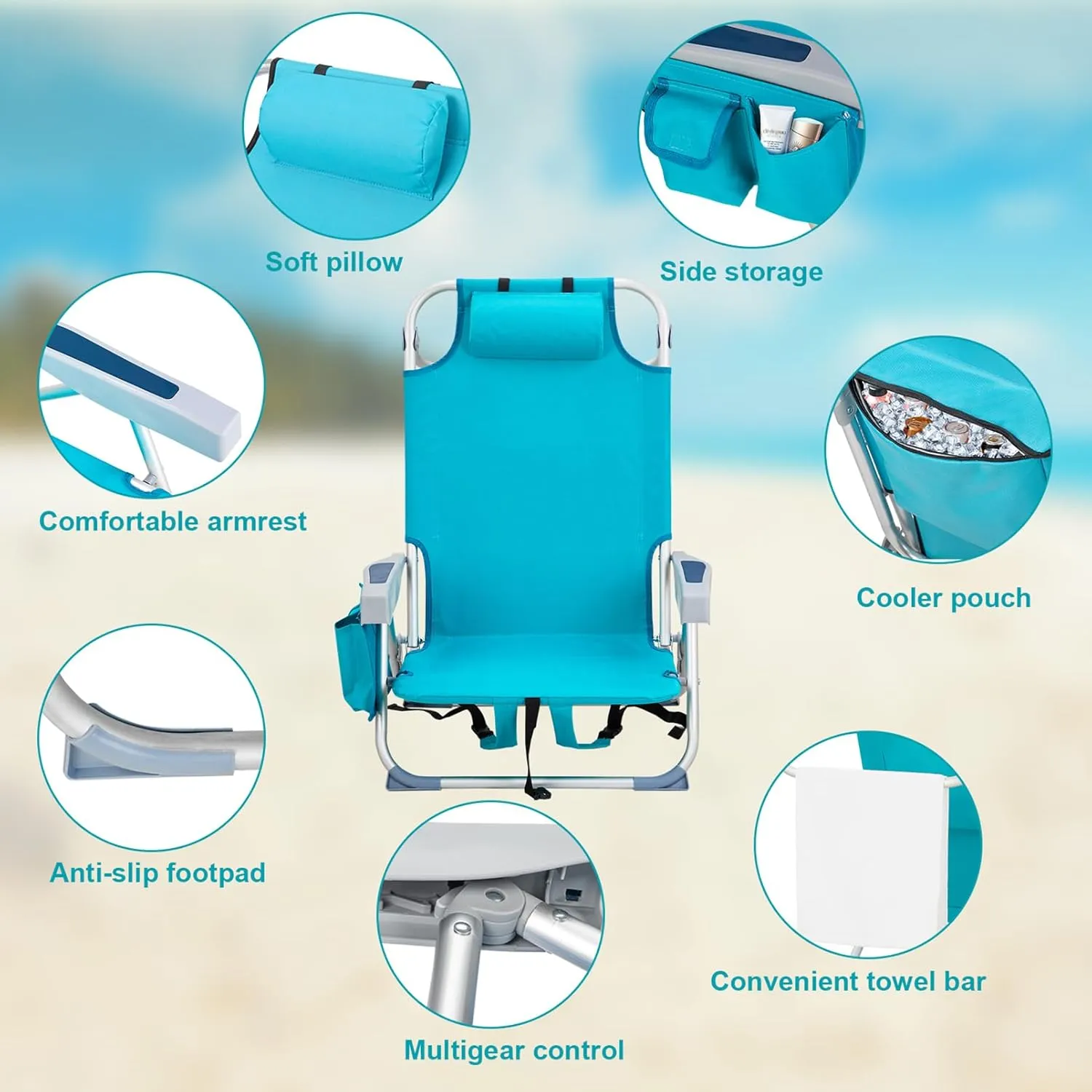 Folding Beach Chair for Adults,5 Positions Reclining,Low Camping Chair Aluminum Portable Lawn Chair w/Headrest & Cooler Pockets,Lounge Chair for Camp,Fishing,Picnics,Sports,220lbs Support,Mint Green