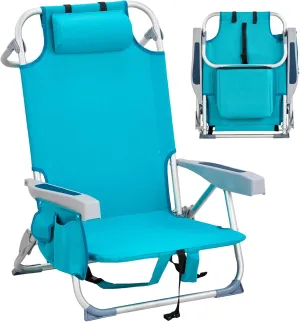 Folding Beach Chair for Adults,5 Positions Reclining,Low Camping Chair Aluminum Portable Lawn Chair w/Headrest & Cooler Pockets,Lounge Chair for Camp,Fishing,Picnics,Sports,220lbs Support,Mint Green