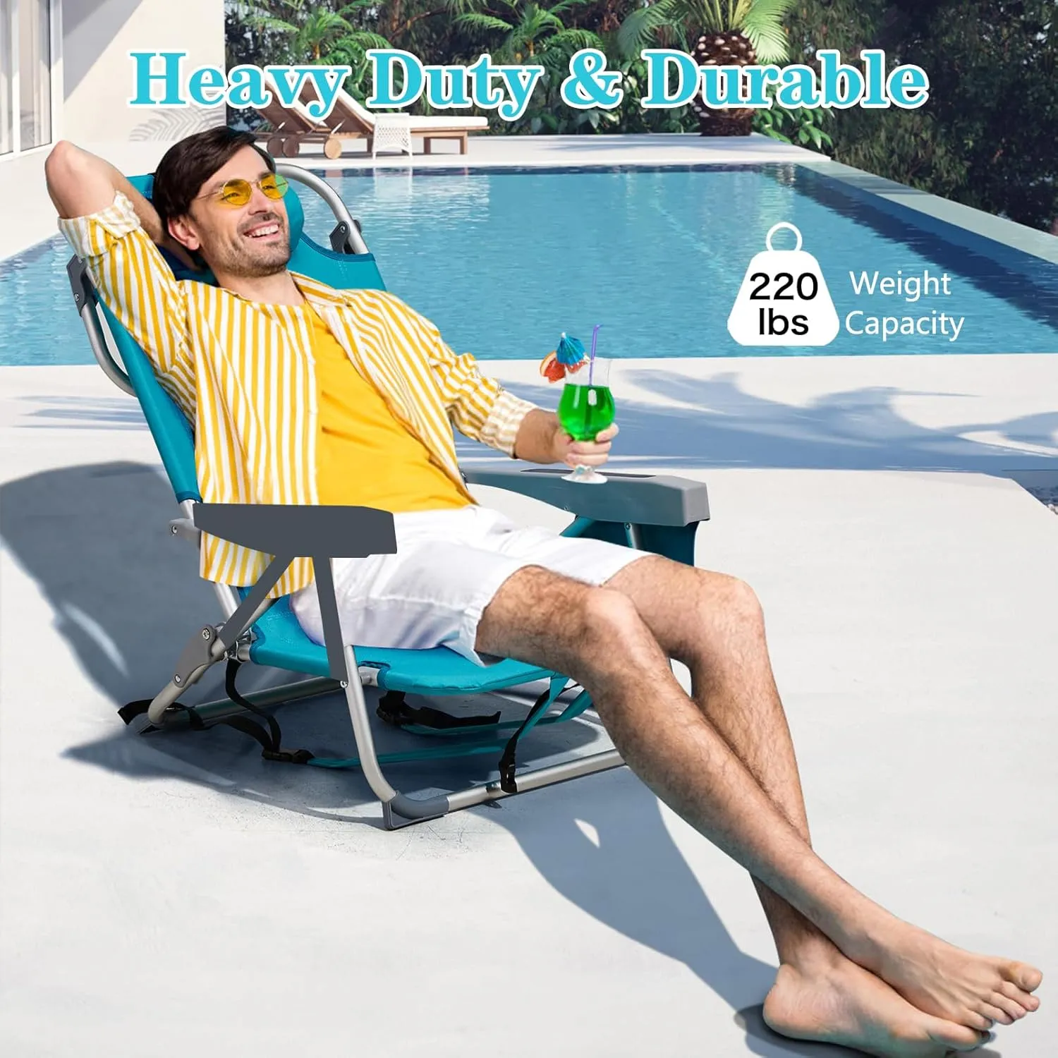 Folding Beach Chair for Adults,5 Positions Reclining,Low Camping Chair Aluminum Portable Lawn Chair w/Headrest & Cooler Pockets,Lounge Chair for Camp,Fishing,Picnics,Sports,220lbs Support,Mint Green
