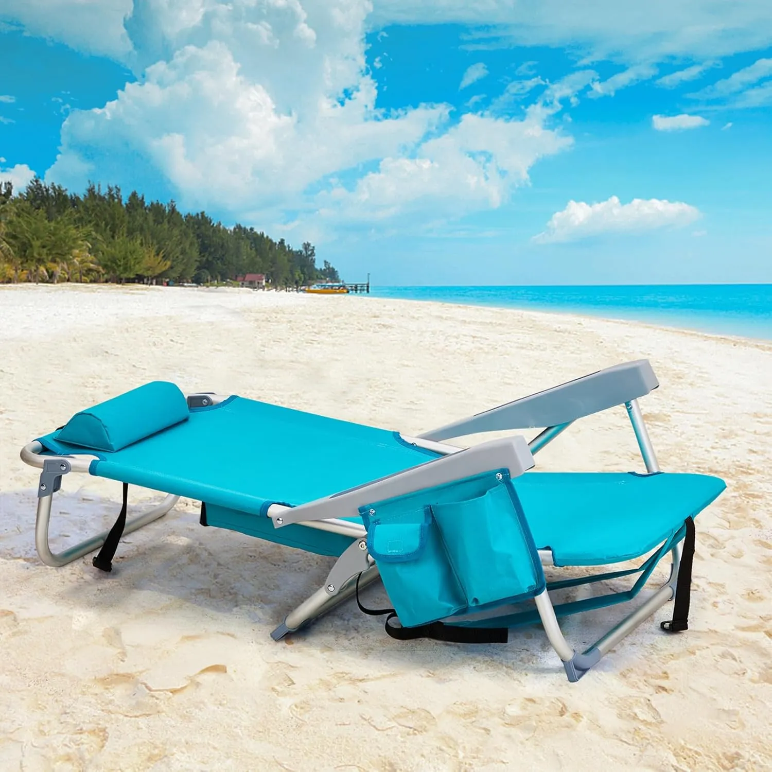 Folding Beach Chair for Adults,5 Positions Reclining,Low Camping Chair Aluminum Portable Lawn Chair w/Headrest & Cooler Pockets,Lounge Chair for Camp,Fishing,Picnics,Sports,220lbs Support,Mint Green