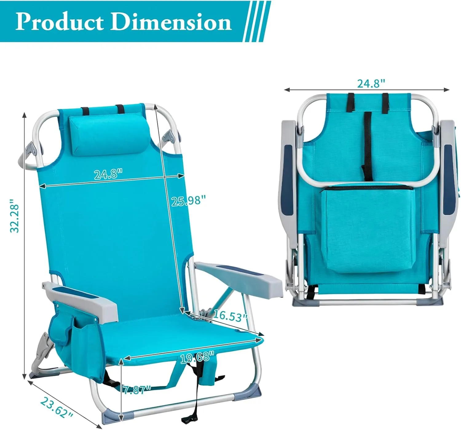 Folding Beach Chair for Adults,5 Positions Reclining,Low Camping Chair Aluminum Portable Lawn Chair w/Headrest & Cooler Pockets,Lounge Chair for Camp,Fishing,Picnics,Sports,220lbs Support,Mint Green
