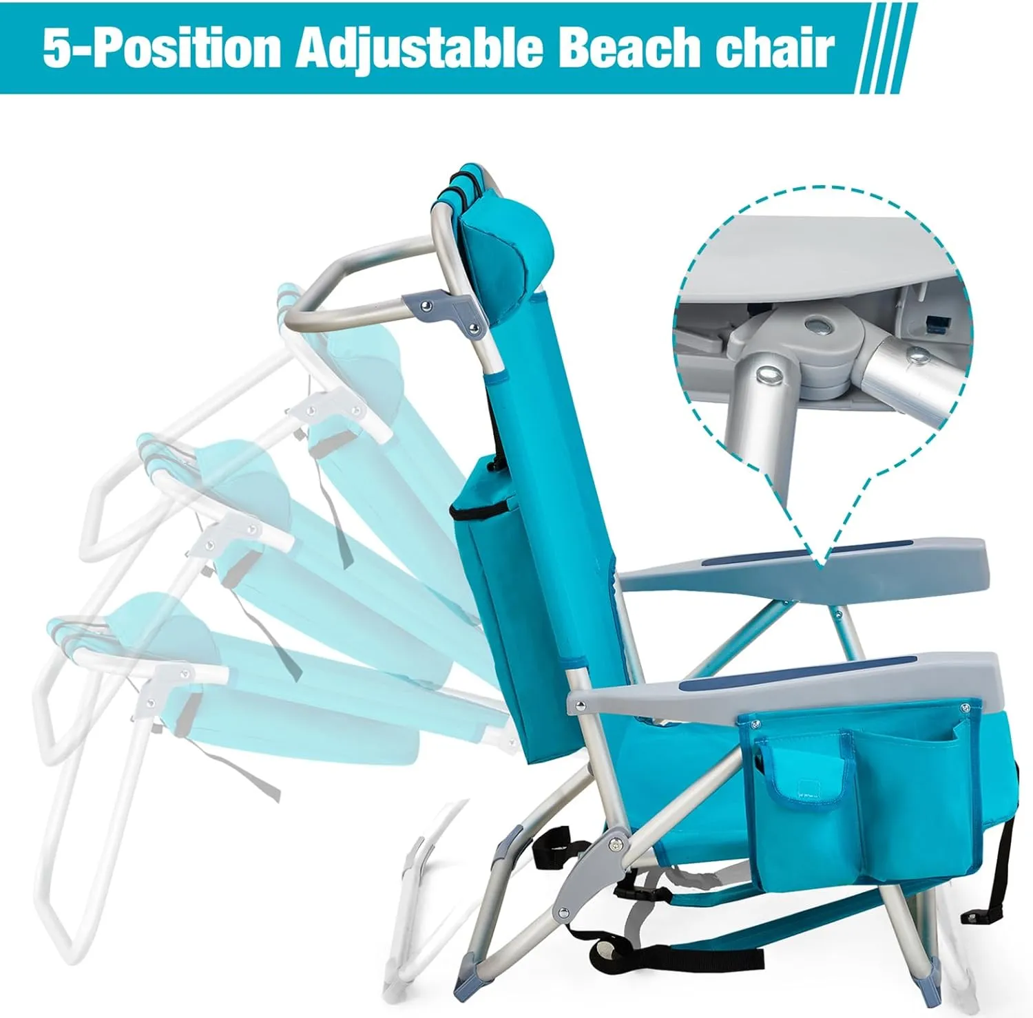 Folding Beach Chair for Adults,5 Positions Reclining,Low Camping Chair Aluminum Portable Lawn Chair w/Headrest & Cooler Pockets,Lounge Chair for Camp,Fishing,Picnics,Sports,220lbs Support,Mint Green