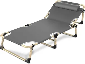 Folding Camping Cot for Adults w/Headrest Single Person Adjustable Reclining Lounger Breathable Garden Sun Lounger for Camping Office Lunch Break Max Load 300kg