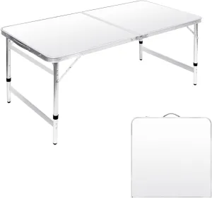 Folding Camping Table 4 Ft Foldable Picnic Table Portable 3 Height Adjustable Aluminum Camp Table Outdoor for Card BBQ White 47.2×23.6 inch