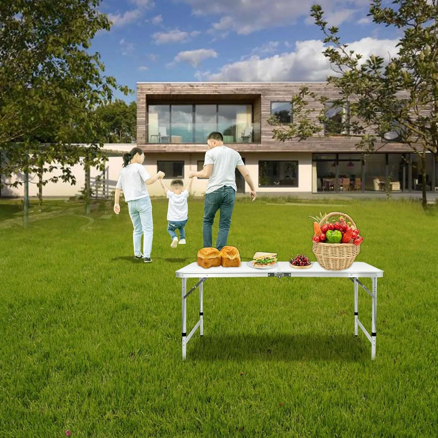 Folding Camping Table 4 Ft Foldable Picnic Table Portable 3 Height Adjustable Aluminum Camp Table Outdoor for Card BBQ White 47.2×23.6 inch