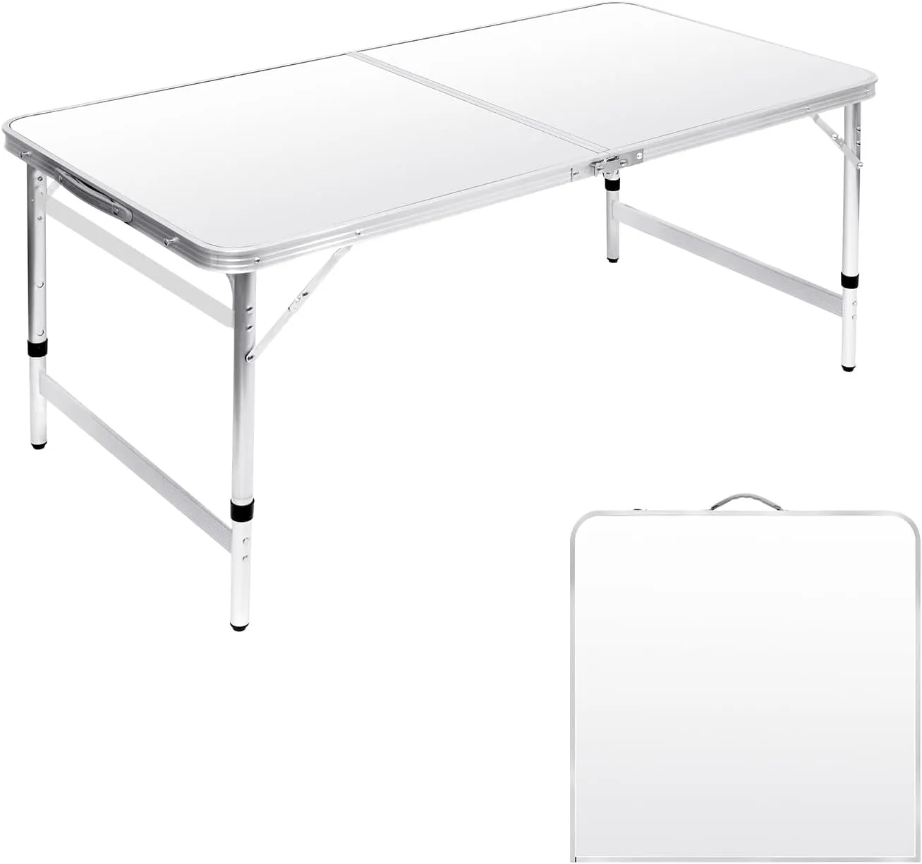 Folding Camping Table 4 Ft Foldable Picnic Table Portable 3 Height Adjustable Aluminum Camp Table Outdoor for Card BBQ White 47.2×23.6 inch