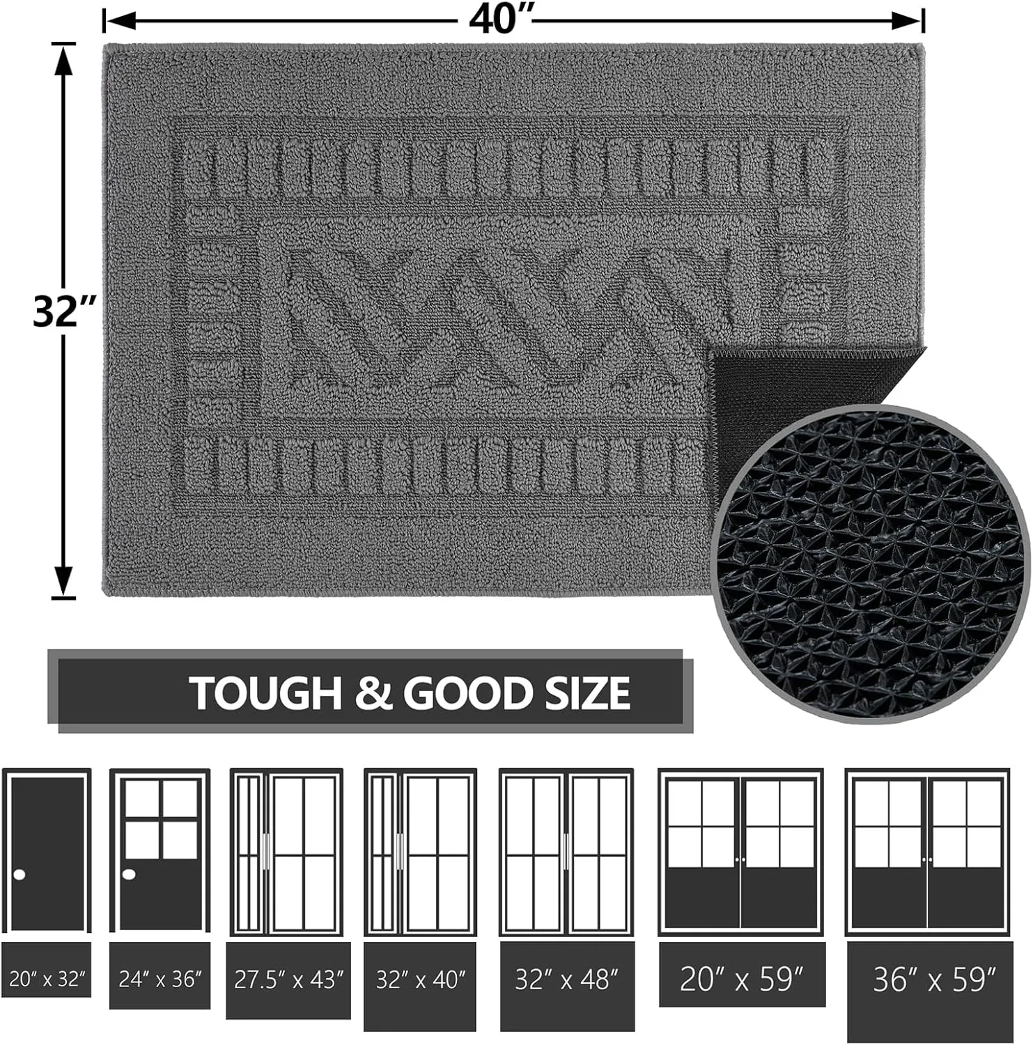 FONEYI Indoor Doormat, Front Back Door Mat Rubber Backing Non Slip Door Mats, 32"x40" Low-Profile Absorbent Resist Dirt Entryway Doormat Inside Floor Mats Entrance Washable, Entry Doormats, Grey