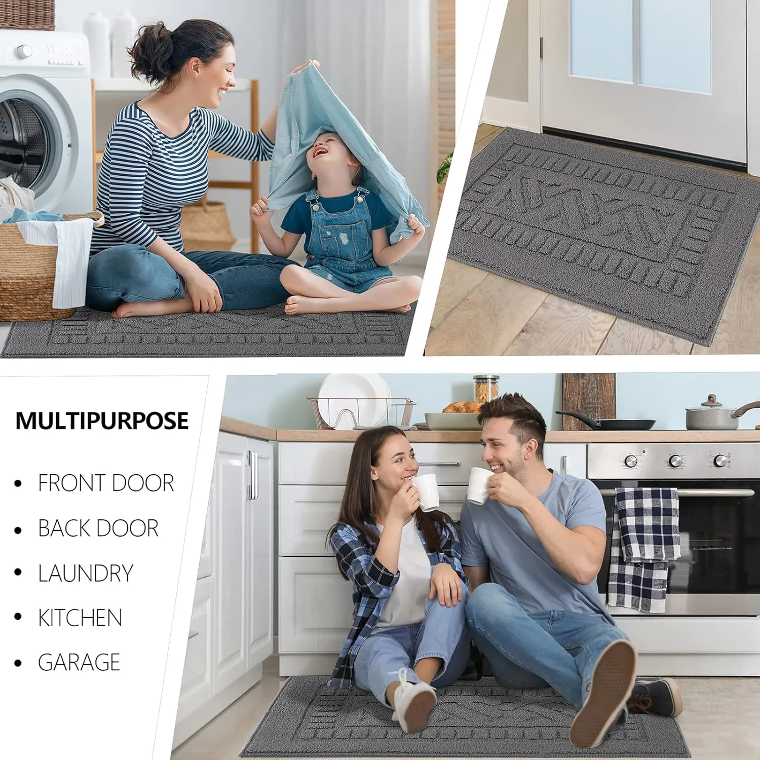 FONEYI Indoor Doormat, Front Back Door Mat Rubber Backing Non Slip Door Mats, 32"x40" Low-Profile Absorbent Resist Dirt Entryway Doormat Inside Floor Mats Entrance Washable, Entry Doormats, Grey
