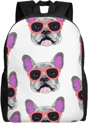French Bulldog Pink Glasses Travel Laptop Backpack Waterproof Lightweight Cute Backpack For Women Men Casual Daypack