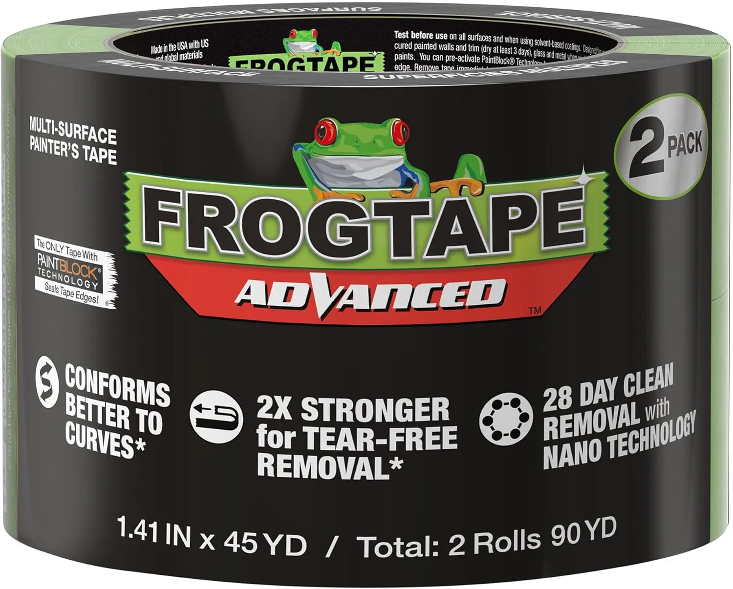 FrogTape Advanced Painters Tape, 1.5 Inch Wide (1.41-Inch x 45-Yard) Multi-Surface Tape with PAINTBLOCK, Conforms Around Curves & Contours, Tear-Free Removability, 2 Rolls, Green