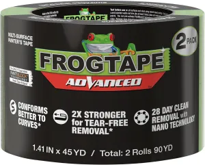 FrogTape Advanced Painters Tape, 1.5 Inch Wide (1.41-Inch x 45-Yard) Multi-Surface Tape with PAINTBLOCK, Conforms Around Curves & Contours, Tear-Free Removability, 2 Rolls, Green
