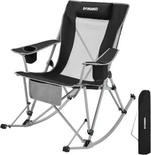 FUNDANGO Rocking Camping Chair, High Mesh Back Portable Folding Camp Chairs with Pillows, Cup Holder and Carry Bag for Lawn Patio Garden Outdoor Supports 300 Lbs (Black/Grey)