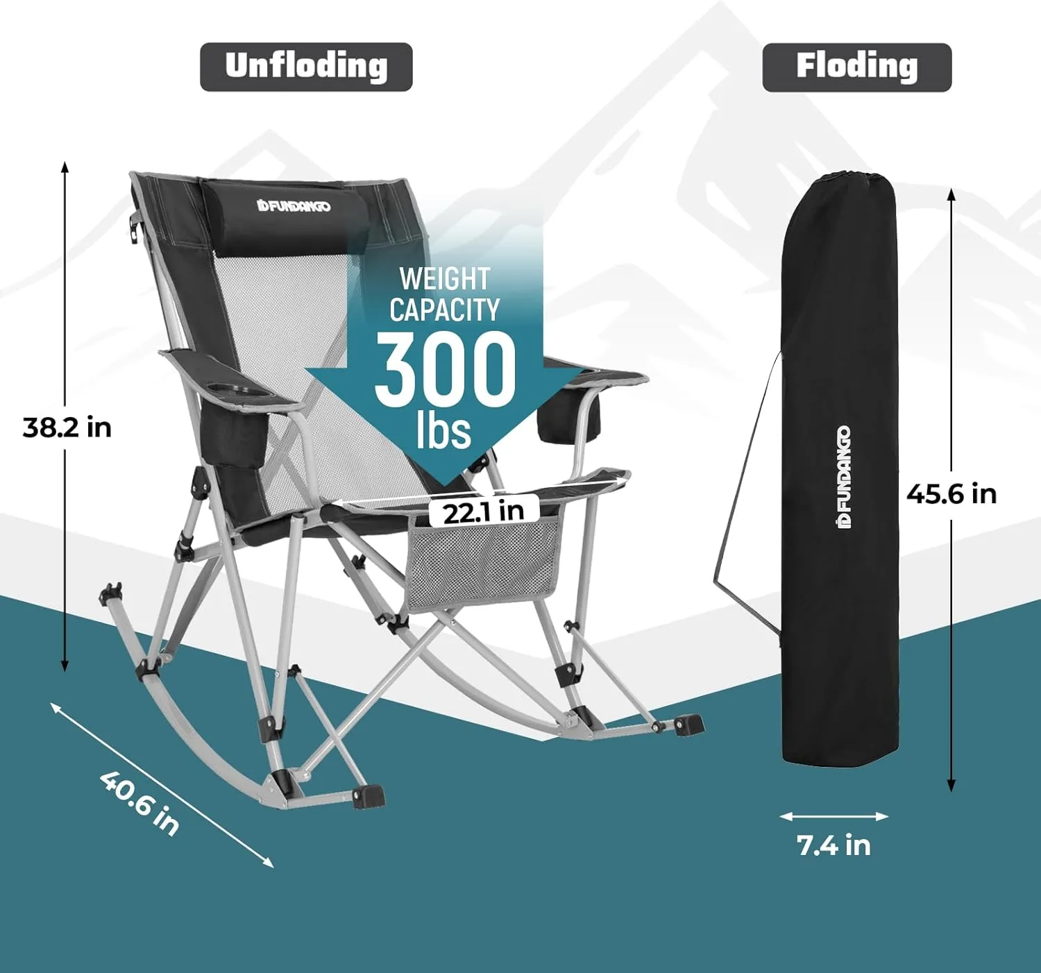FUNDANGO Rocking Camping Chair, High Mesh Back Portable Folding Camp Chairs with Pillows, Cup Holder and Carry Bag for Lawn Patio Garden Outdoor Supports 300 Lbs (Black/Grey)