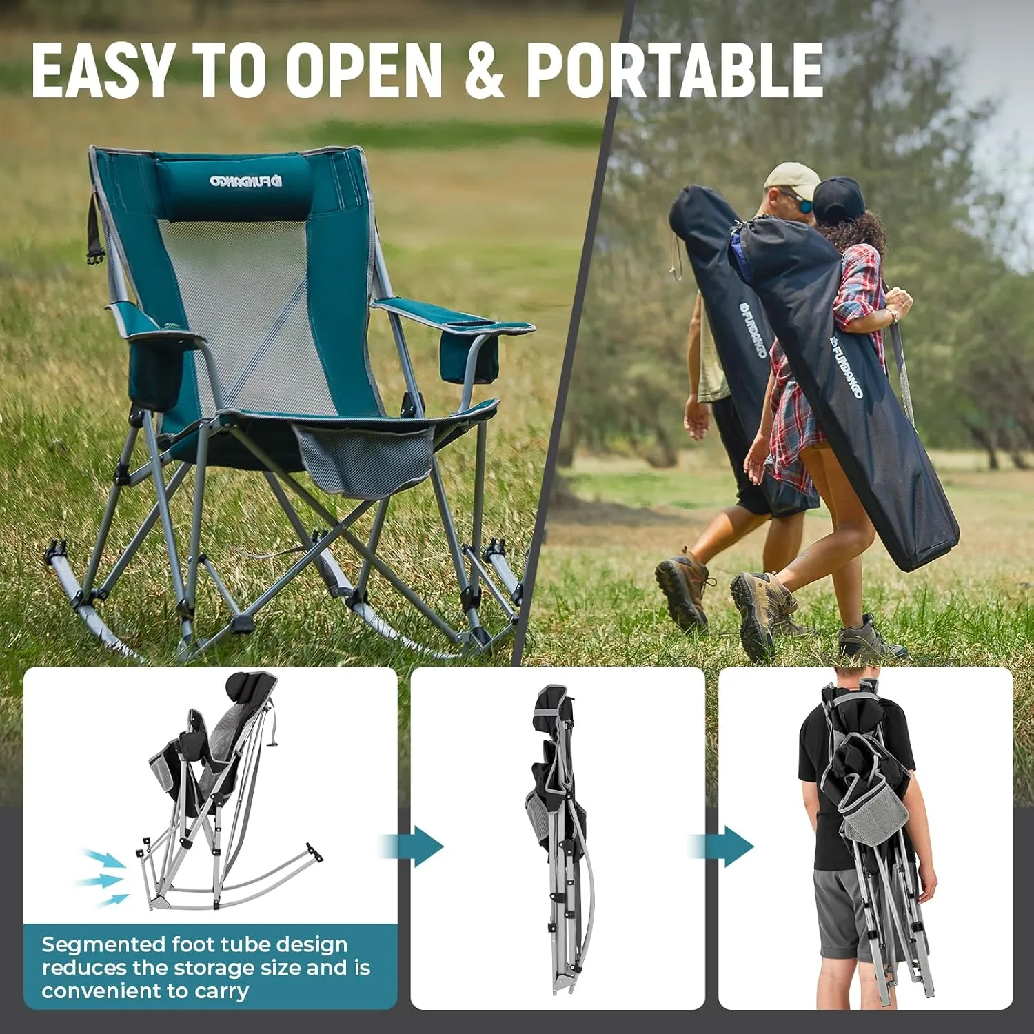 FUNDANGO Rocking Camping Chair, High Mesh Back Portable Folding Camp Chairs with Pillows, Cup Holder and Carry Bag for Lawn Patio Garden Outdoor Supports 300 Lbs (Black/Grey)