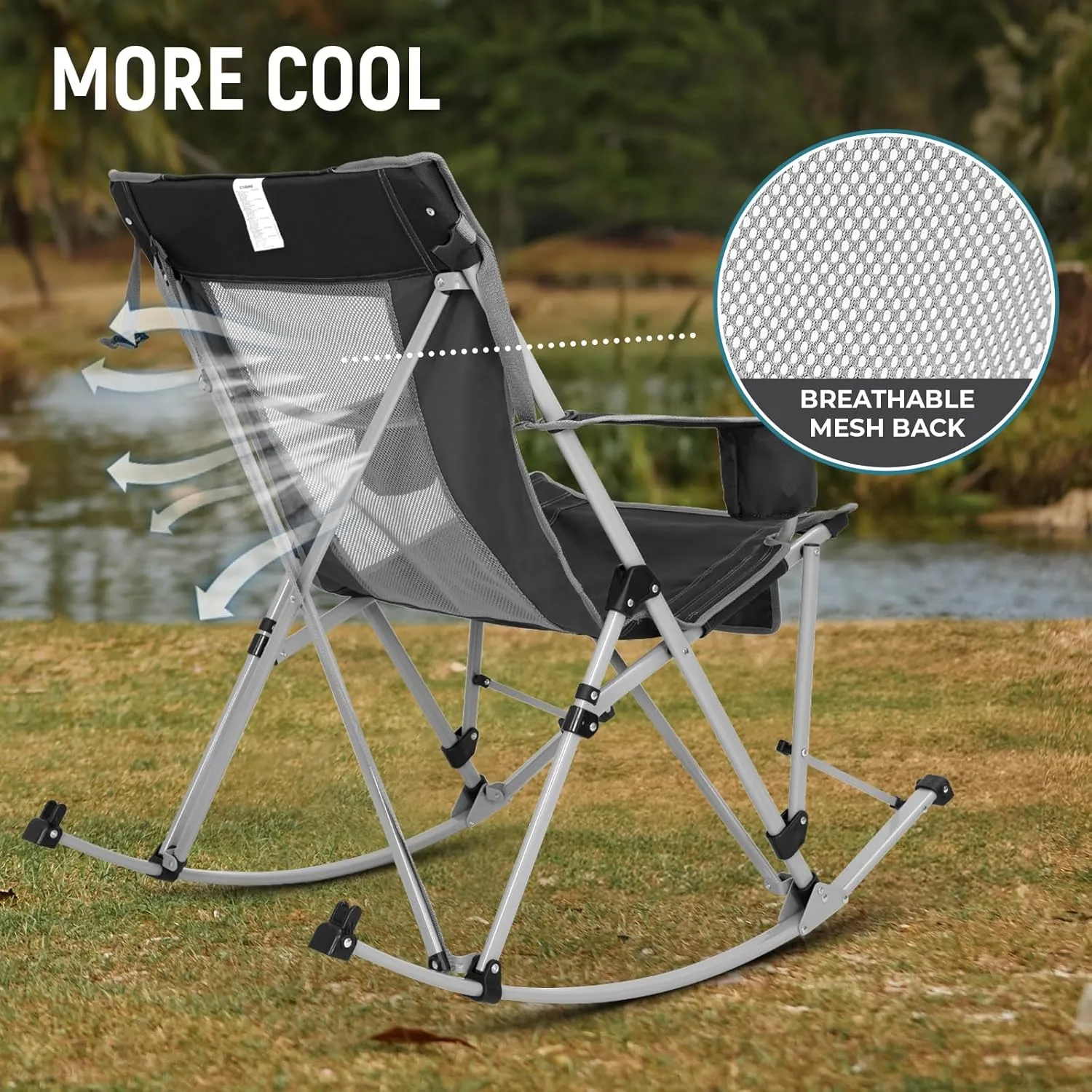FUNDANGO Rocking Camping Chair, High Mesh Back Portable Folding Camp Chairs with Pillows, Cup Holder and Carry Bag for Lawn Patio Garden Outdoor Supports 300 Lbs (Black/Grey)