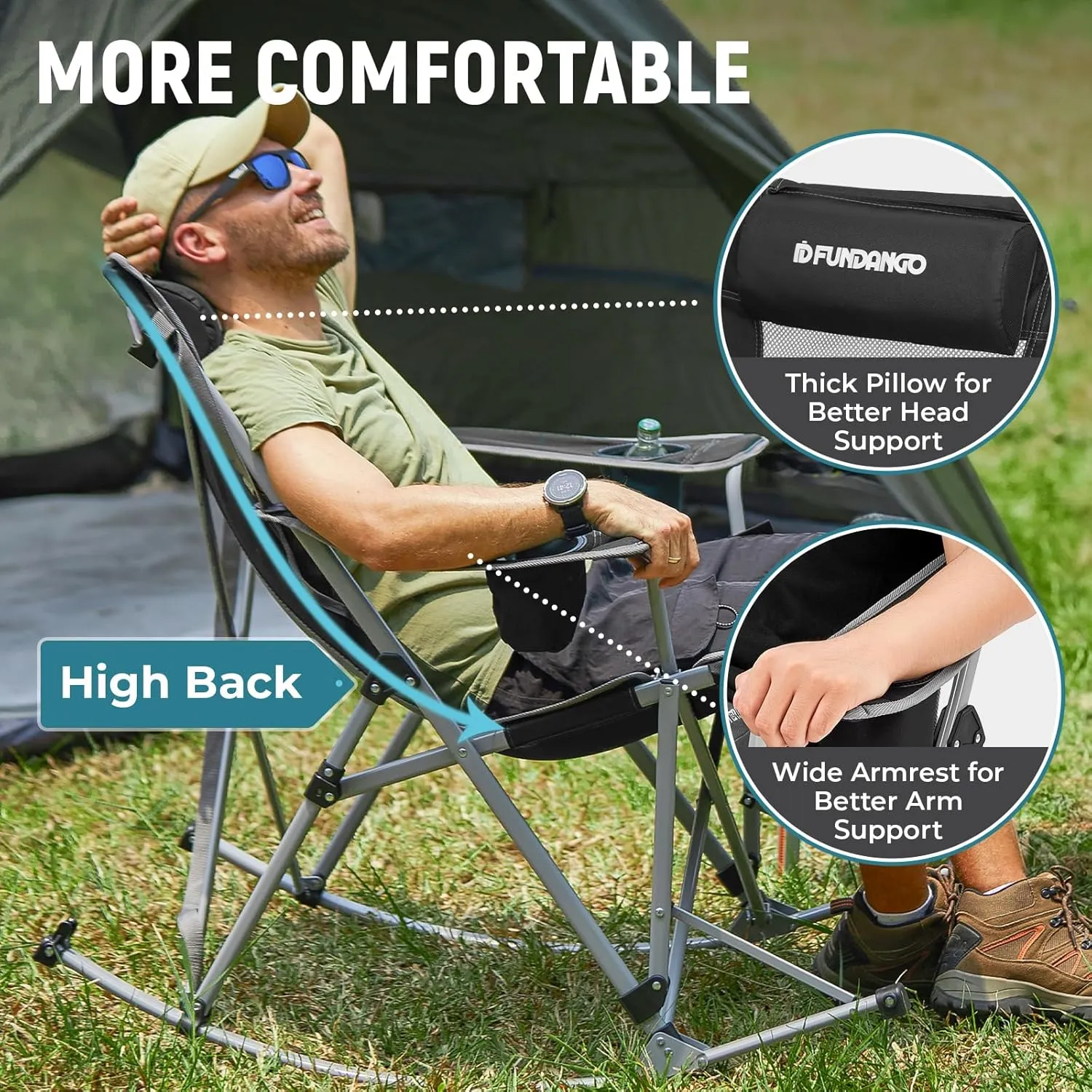 FUNDANGO Rocking Camping Chair, High Mesh Back Portable Folding Camp Chairs with Pillows, Cup Holder and Carry Bag for Lawn Patio Garden Outdoor Supports 300 Lbs (Black/Grey)