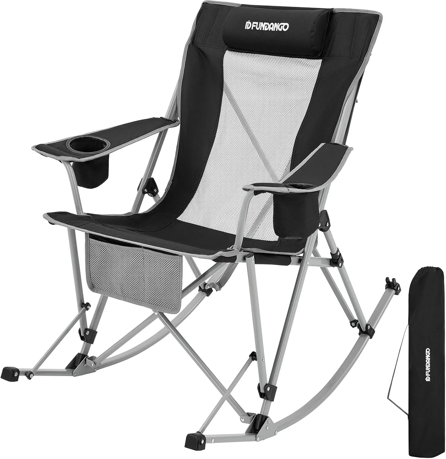 FUNDANGO Rocking Camping Chair, High Mesh Back Portable Folding Camp Chairs with Pillows, Cup Holder and Carry Bag for Lawn Patio Garden Outdoor Supports 300 Lbs (Black/Grey)