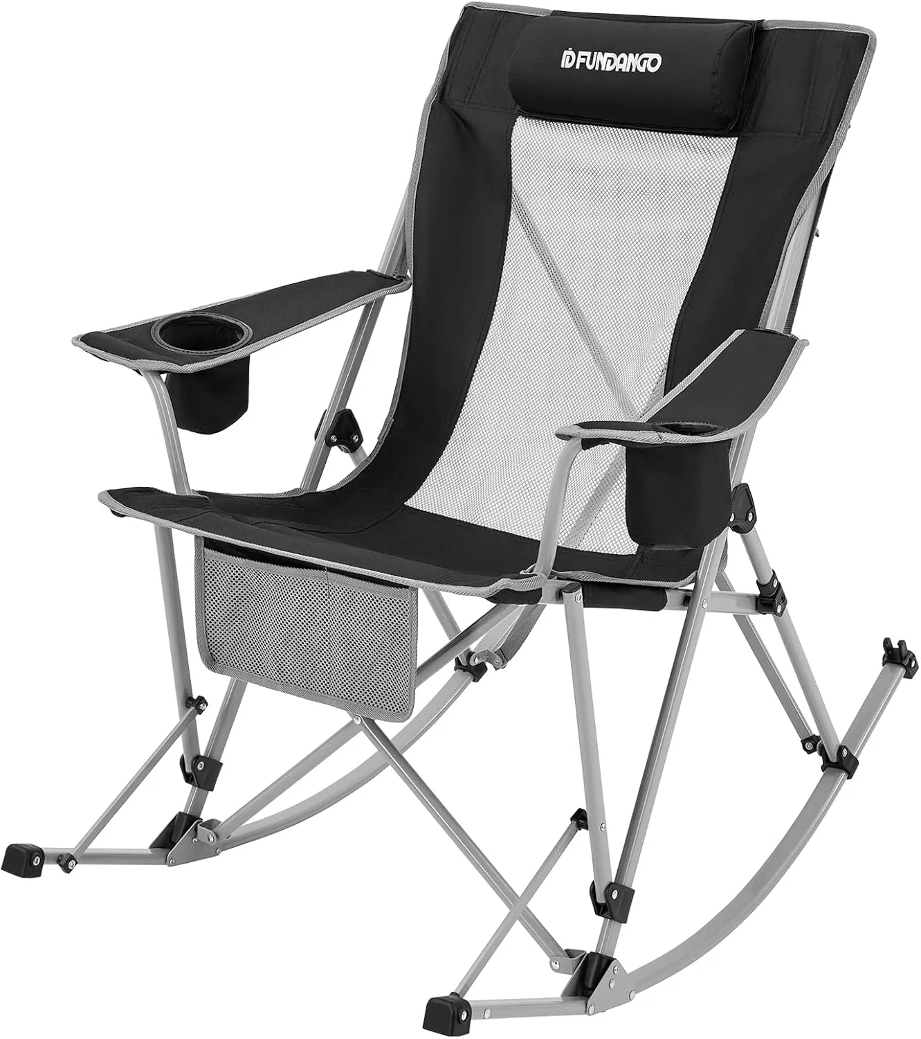 FUNDANGO Rocking Camping Chair, High Mesh Back Portable Folding Camp Chairs with Pillows, Cup Holder and Carry Bag for Lawn Patio Garden Outdoor Supports 300 Lbs (Black/Grey)
