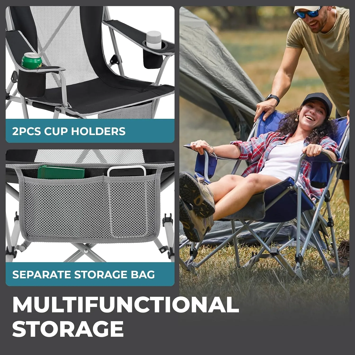 FUNDANGO Rocking Camping Chair, High Mesh Back Portable Folding Camp Chairs with Pillows, Cup Holder and Carry Bag for Lawn Patio Garden Outdoor Supports 300 Lbs (Black/Grey)