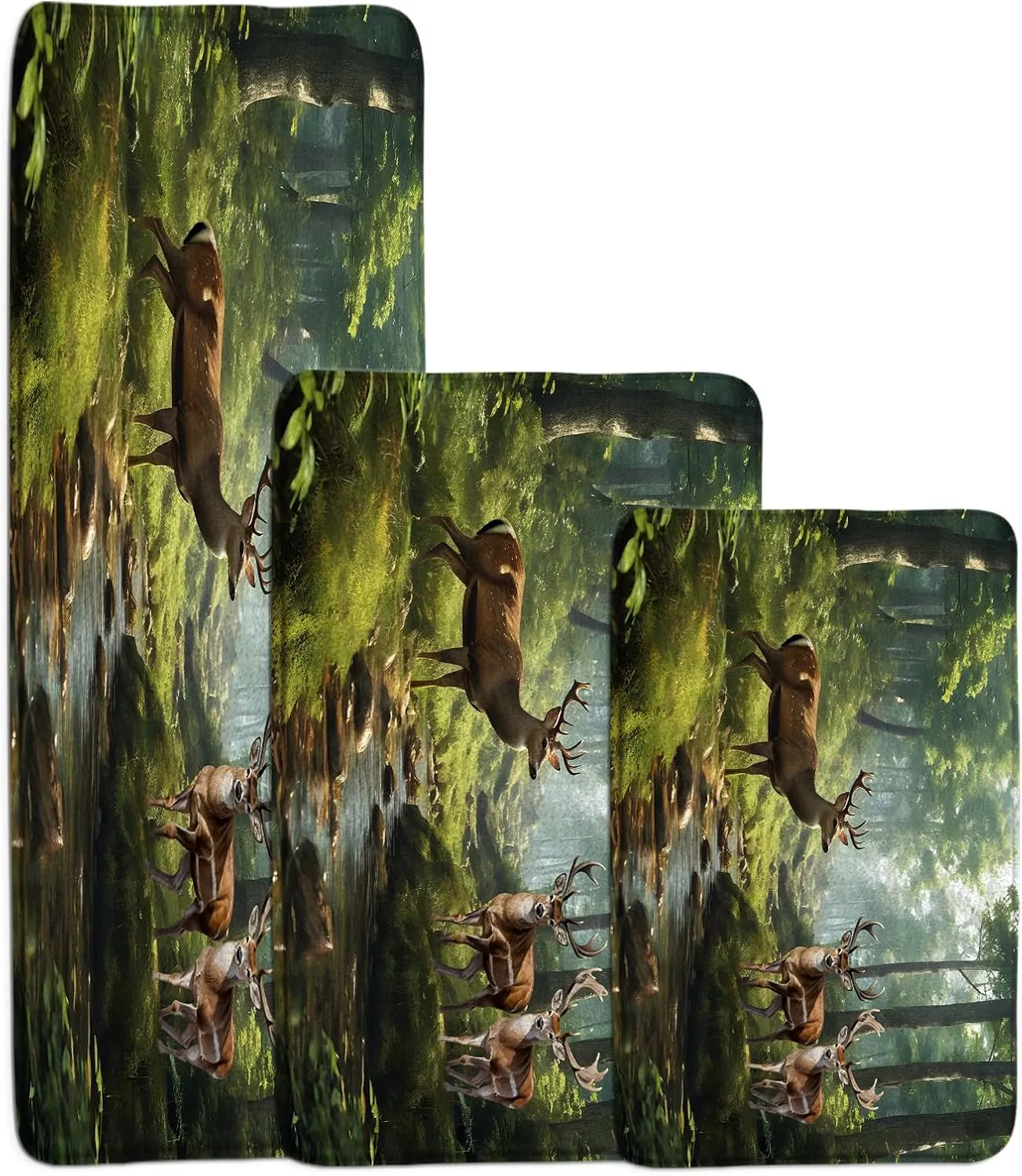 GCTNBJL Forest Animal Bath Mat Deer Moose Tree Jungle Cabin Wildlife Rustic Nature Scenery Green Brown Bathroom Kitchen Memory Foam Rug,16"x24" and 20"x31" and 16"x48"