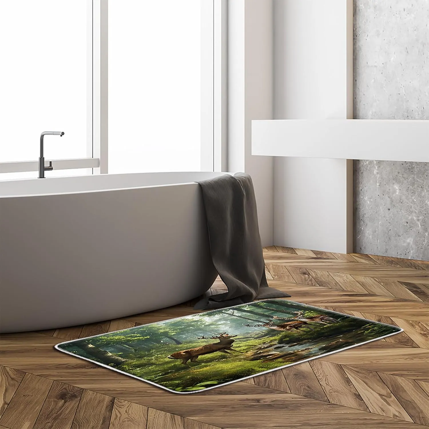 GCTNBJL Forest Animal Bath Mat Deer Moose Tree Jungle Cabin Wildlife Rustic Nature Scenery Green Brown Bathroom Kitchen Memory Foam Rug,16"x24" and 20"x31" and 16"x48"