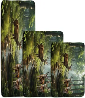 GCTNBJL Forest Animal Bath Mat Deer Moose Tree Jungle Cabin Wildlife Rustic Nature Scenery Green Brown Bathroom Kitchen Memory Foam Rug,16"x24" and 20"x31" and 16"x48"