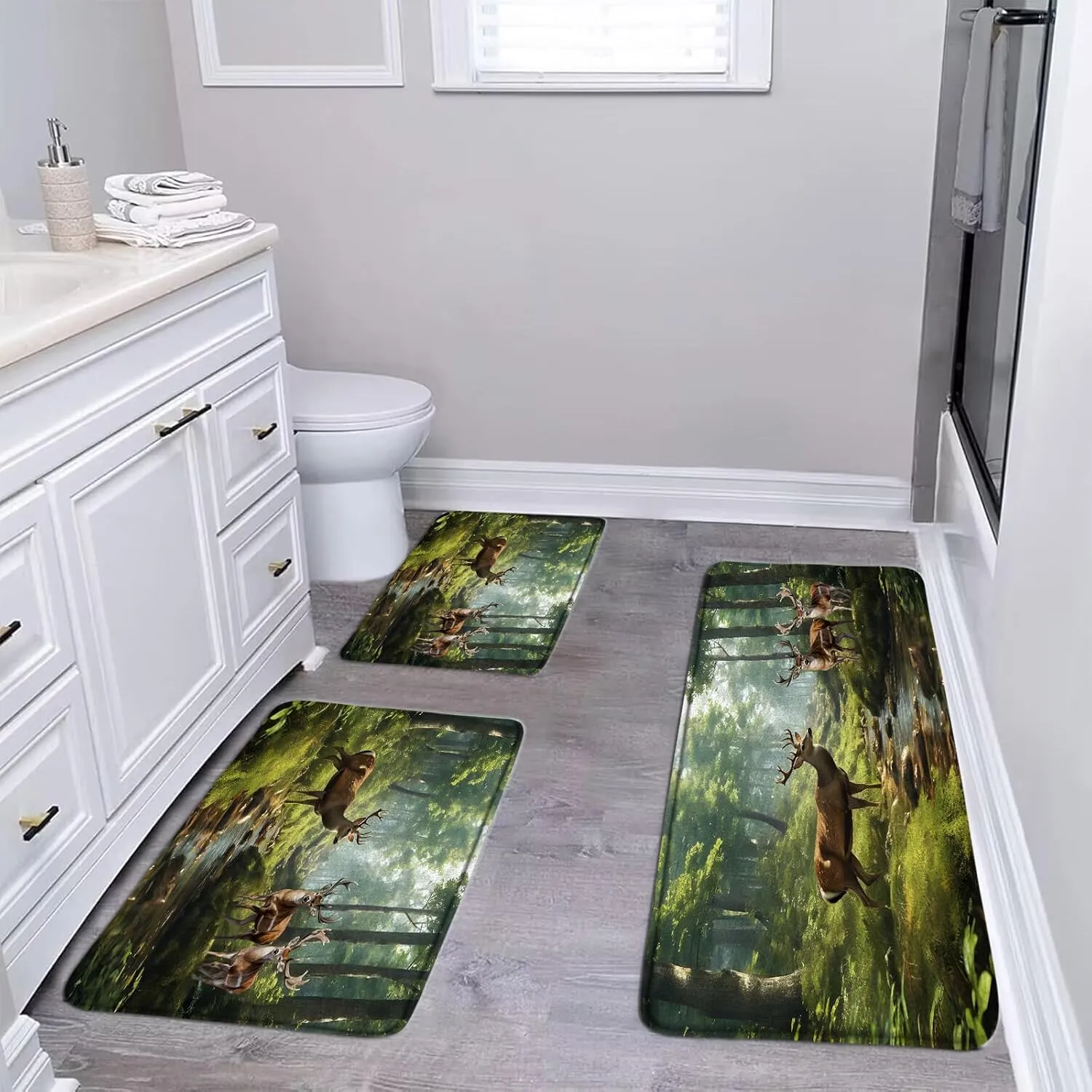 GCTNBJL Forest Animal Bath Mat Deer Moose Tree Jungle Cabin Wildlife Rustic Nature Scenery Green Brown Bathroom Kitchen Memory Foam Rug,16"x24" and 20"x31" and 16"x48"
