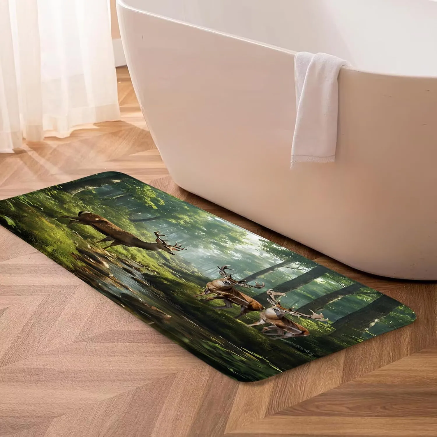 GCTNBJL Forest Animal Bath Mat Deer Moose Tree Jungle Cabin Wildlife Rustic Nature Scenery Green Brown Bathroom Kitchen Memory Foam Rug,16"x24" and 20"x31" and 16"x48"