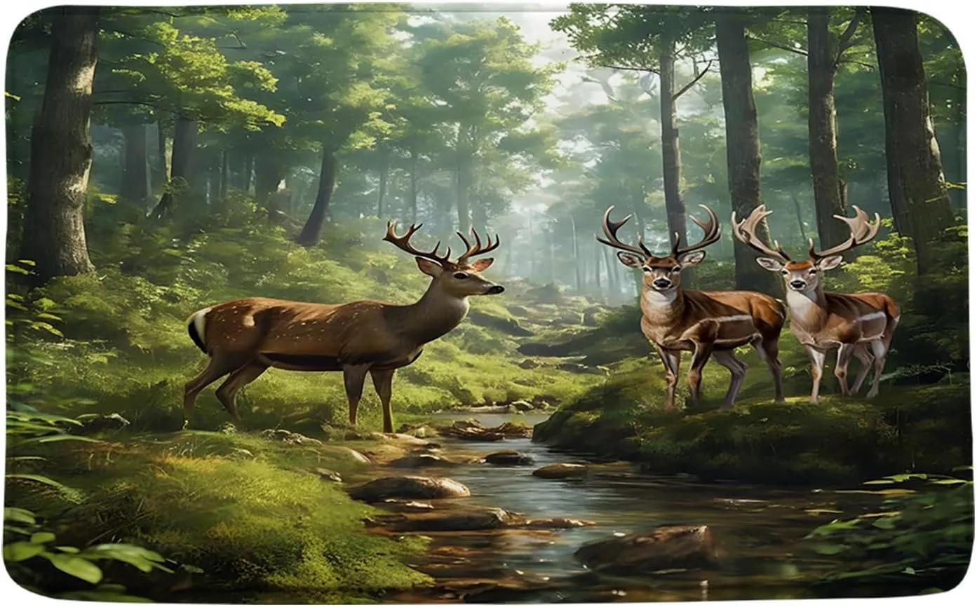 GCTNBJL Forest Animal Bath Mat Deer Moose Tree Jungle Cabin Wildlife Rustic Nature Scenery Green Brown Bathroom Kitchen Memory Foam Rug,16"x24" and 20"x31" and 16"x48"