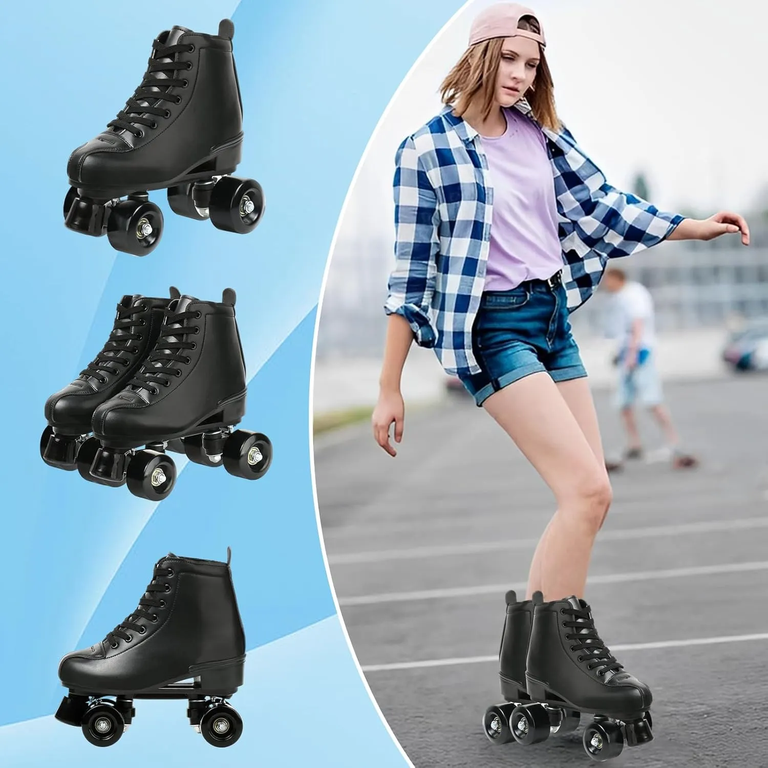 Gets Women's High-Top PU Leather Roller Skates - Four-Wheel Shiny Skates for Girls Unisex