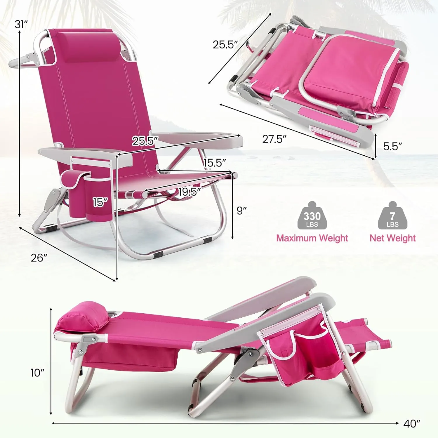 Giantex 2-Pack Beach Chair, Foldable Backpack Chair with 5 Adjustable Position, Cup Holder, Storage Pockets, Straps, Towel Rack, Pillow, 330lbs Aluminum Lay Flat Chairs for Outdoor Camping Chair, Pink