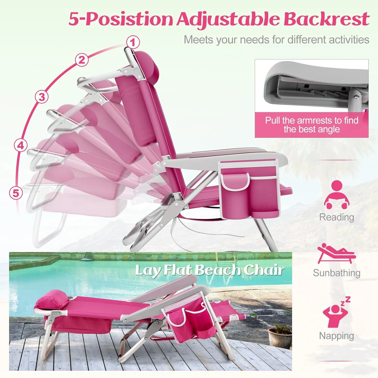 Giantex 2-Pack Beach Chair, Foldable Backpack Chair with 5 Adjustable Position, Cup Holder, Storage Pockets, Straps, Towel Rack, Pillow, 330lbs Aluminum Lay Flat Chairs for Outdoor Camping Chair, Pink