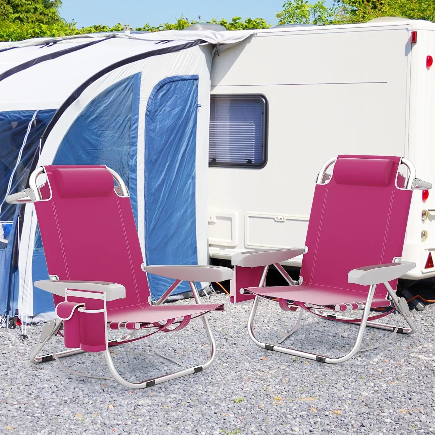 Giantex 2-Pack Beach Chair, Foldable Backpack Chair with 5 Adjustable Position, Cup Holder, Storage Pockets, Straps, Towel Rack, Pillow, 330lbs Aluminum Lay Flat Chairs for Outdoor Camping Chair, Pink