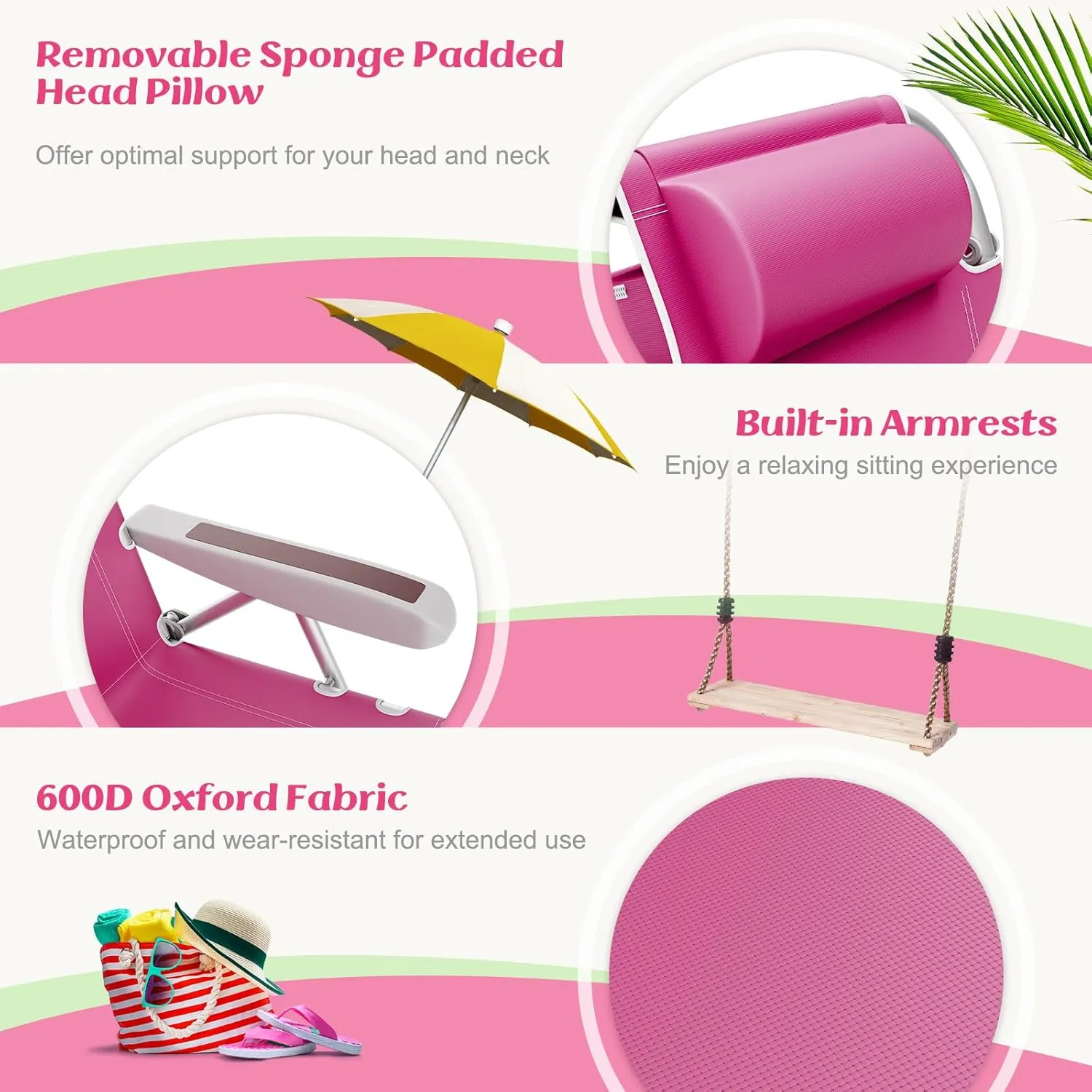 Giantex 2-Pack Beach Chair, Foldable Backpack Chair with 5 Adjustable Position, Cup Holder, Storage Pockets, Straps, Towel Rack, Pillow, 330lbs Aluminum Lay Flat Chairs for Outdoor Camping Chair, Pink