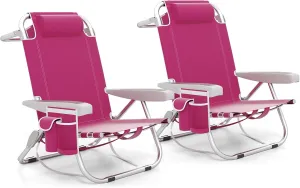 Giantex 2-Pack Beach Chair, Foldable Backpack Chair with 5 Adjustable Position, Cup Holder, Storage Pockets, Straps, Towel Rack, Pillow, 330lbs Aluminum Lay Flat Chairs for Outdoor Camping Chair, Pink
