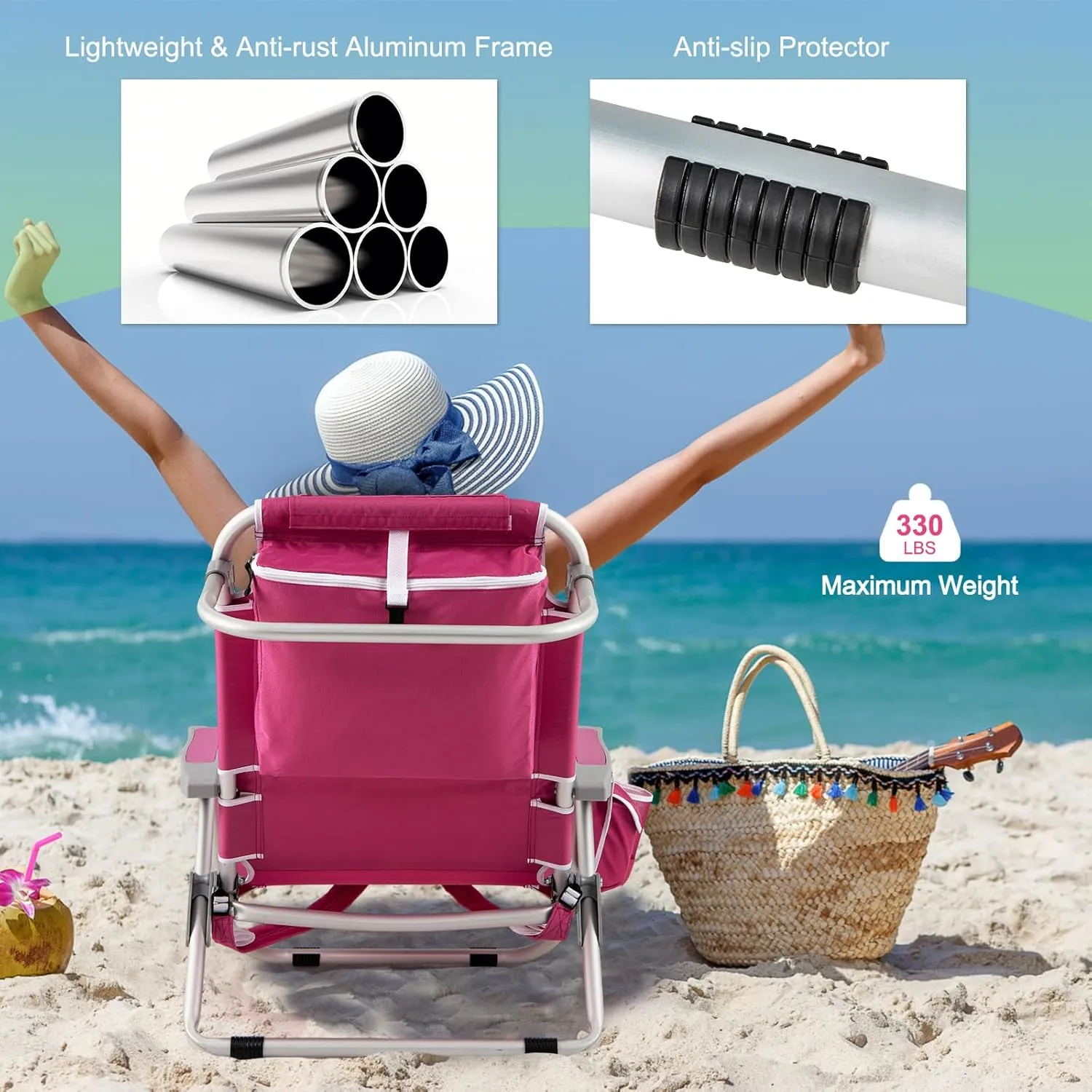 Giantex 2-Pack Beach Chair, Foldable Backpack Chair with 5 Adjustable Position, Cup Holder, Storage Pockets, Straps, Towel Rack, Pillow, 330lbs Aluminum Lay Flat Chairs for Outdoor Camping Chair, Pink