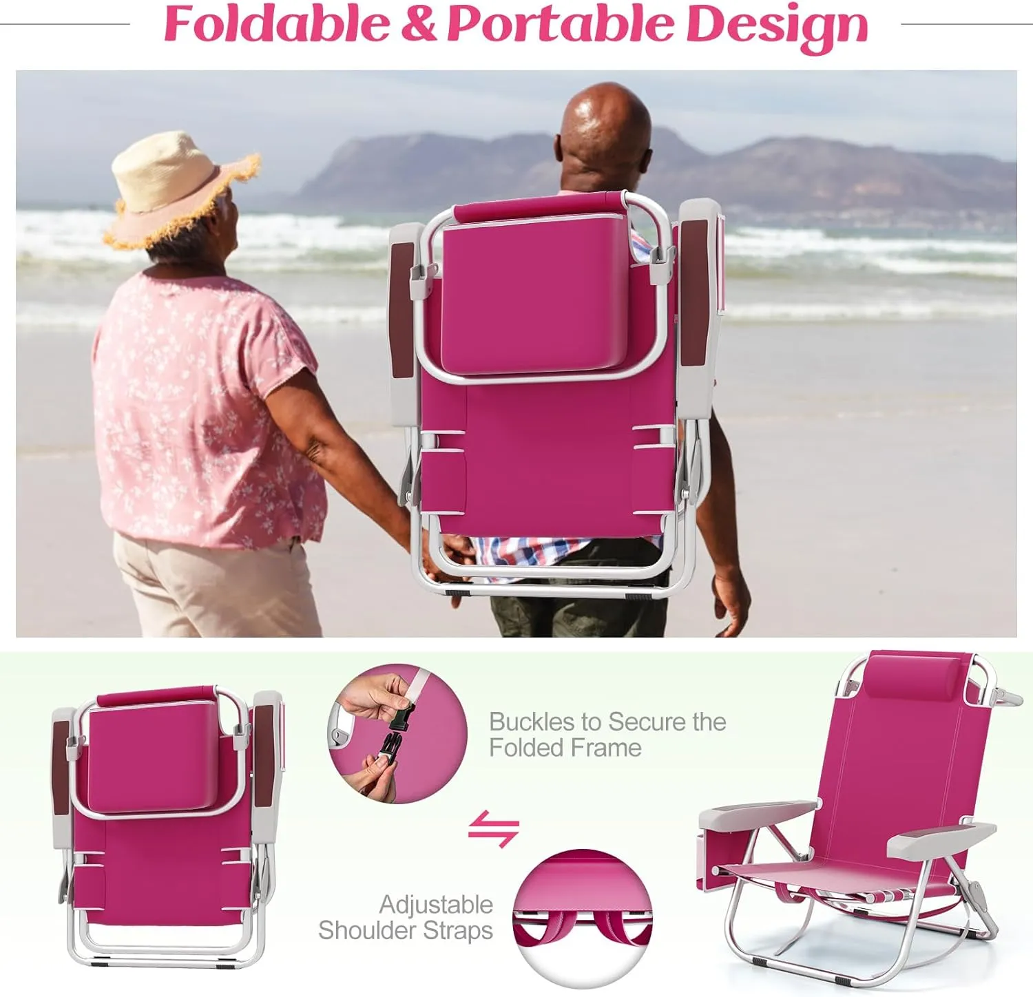 Giantex 2-Pack Beach Chair, Foldable Backpack Chair with 5 Adjustable Position, Cup Holder, Storage Pockets, Straps, Towel Rack, Pillow, 330lbs Aluminum Lay Flat Chairs for Outdoor Camping Chair, Pink