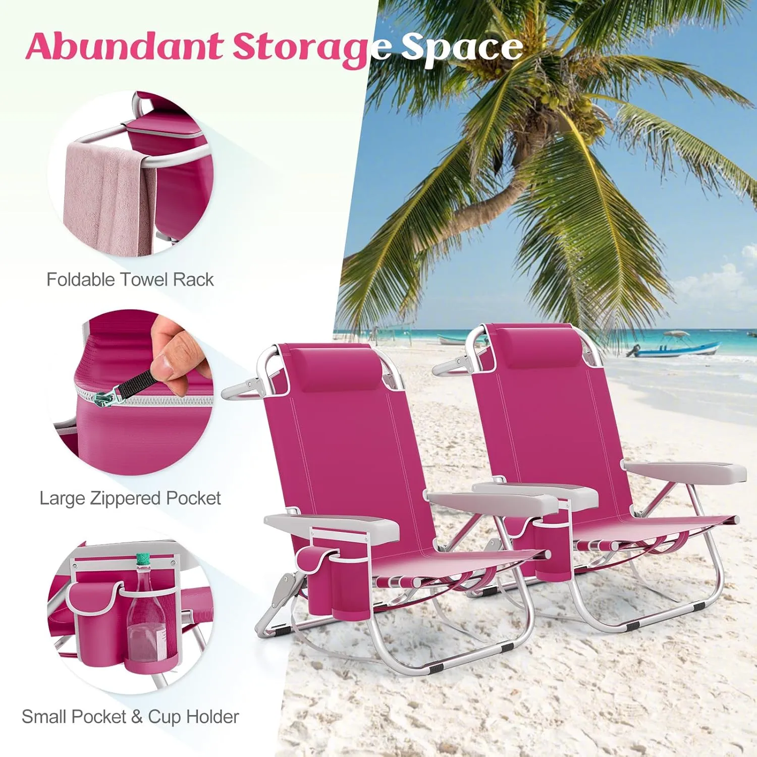 Giantex 2-Pack Beach Chair, Foldable Backpack Chair with 5 Adjustable Position, Cup Holder, Storage Pockets, Straps, Towel Rack, Pillow, 330lbs Aluminum Lay Flat Chairs for Outdoor Camping Chair, Pink
