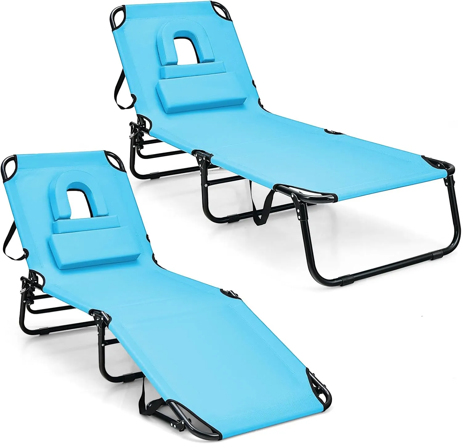 Giantex Folding Beach Tanning Chair - Adjustable Patio Lounge Chair w/Face Hole, Removable Pillows, Carry Strap, Layout Chair, Sunbathing Chaise Lounge Outdoor for Poolside Yard Lawn (2, Turquoise)