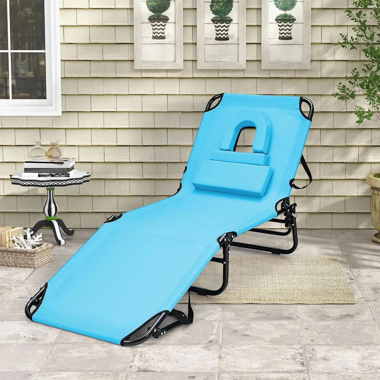 Giantex Folding Beach Tanning Chair - Adjustable Patio Lounge Chair w/Face Hole, Removable Pillows, Carry Strap, Layout Chair, Sunbathing Chaise Lounge Outdoor for Poolside Yard Lawn (2, Turquoise)