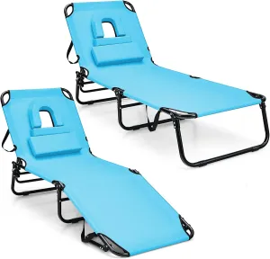 Giantex Folding Beach Tanning Chair - Adjustable Patio Lounge Chair w/Face Hole, Removable Pillows, Carry Strap, Layout Chair, Sunbathing Chaise Lounge Outdoor for Poolside Yard Lawn (2, Turquoise)