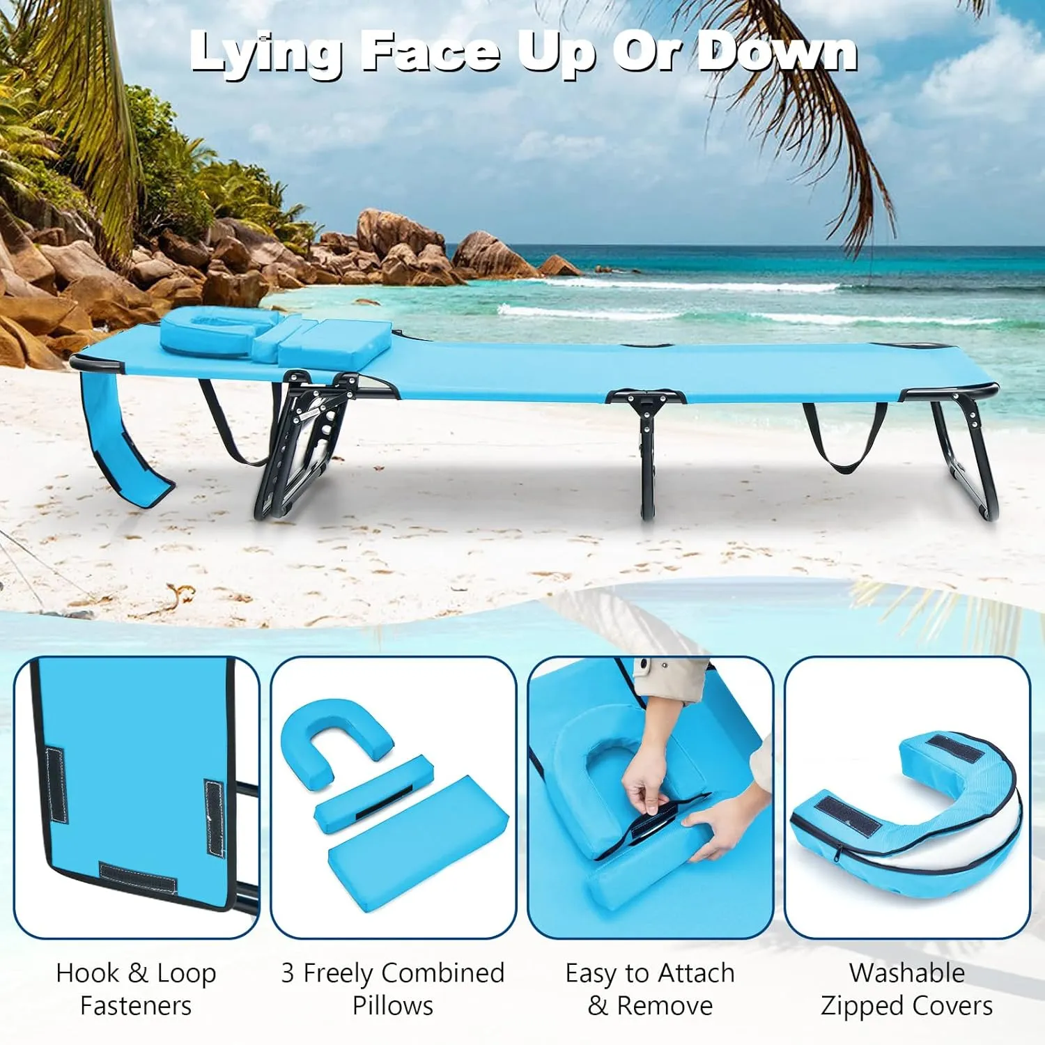 Giantex Folding Beach Tanning Chair - Adjustable Patio Lounge Chair w/Face Hole, Removable Pillows, Carry Strap, Layout Chair, Sunbathing Chaise Lounge Outdoor for Poolside Yard Lawn (2, Turquoise)