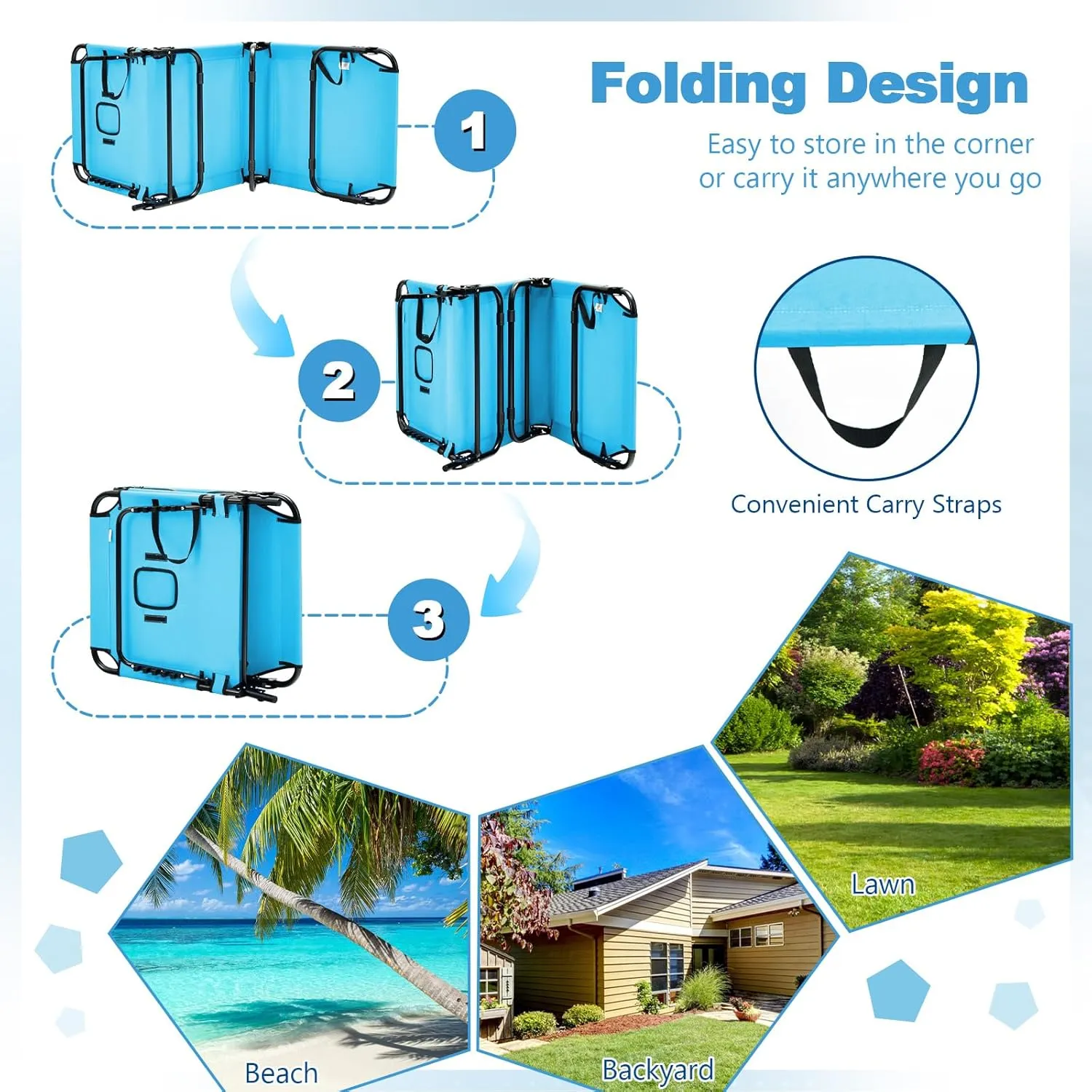 Giantex Folding Beach Tanning Chair - Adjustable Patio Lounge Chair w/Face Hole, Removable Pillows, Carry Strap, Layout Chair, Sunbathing Chaise Lounge Outdoor for Poolside Yard Lawn (2, Turquoise)