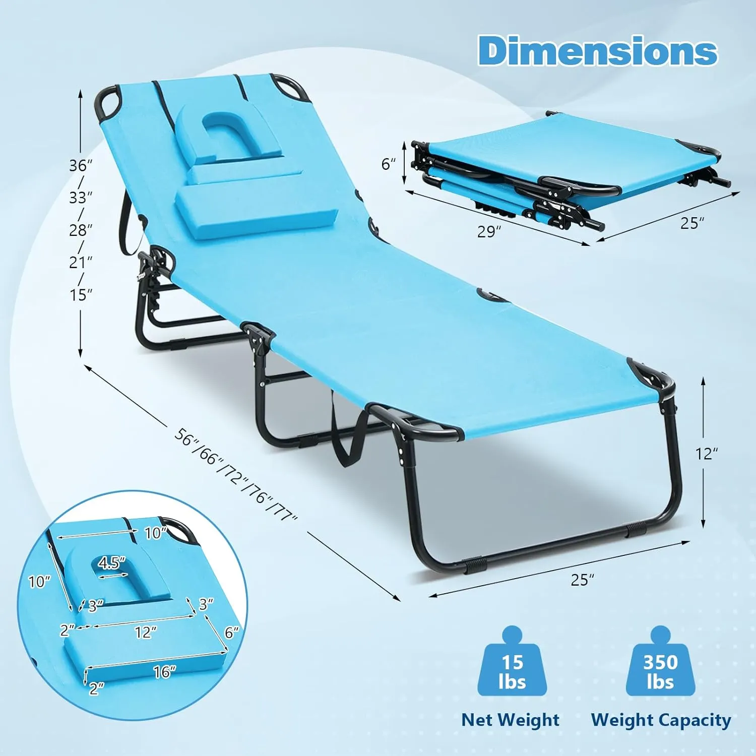 Giantex Folding Beach Tanning Chair - Adjustable Patio Lounge Chair w/Face Hole, Removable Pillows, Carry Strap, Layout Chair, Sunbathing Chaise Lounge Outdoor for Poolside Yard Lawn (2, Turquoise)
